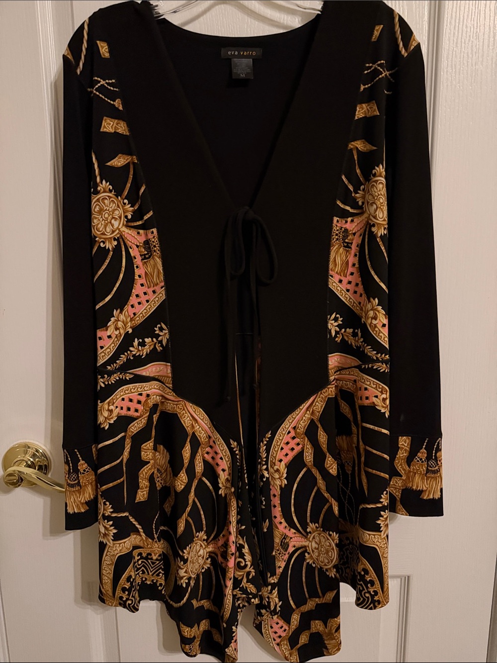 eva varro Black, Gold & Pink Baroque Tie-Front Cardigan